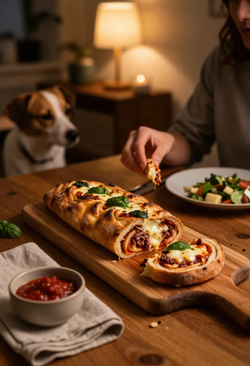 Person enjoying a warm slice of homemade stromboli at a cozy dinner table with a pet nearby, marinara sauce, and a rustic serving board.