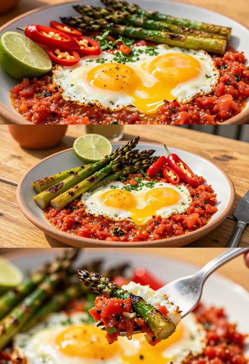 Soft eggs served with rich huevos rancheros sauce and roasted asparagus