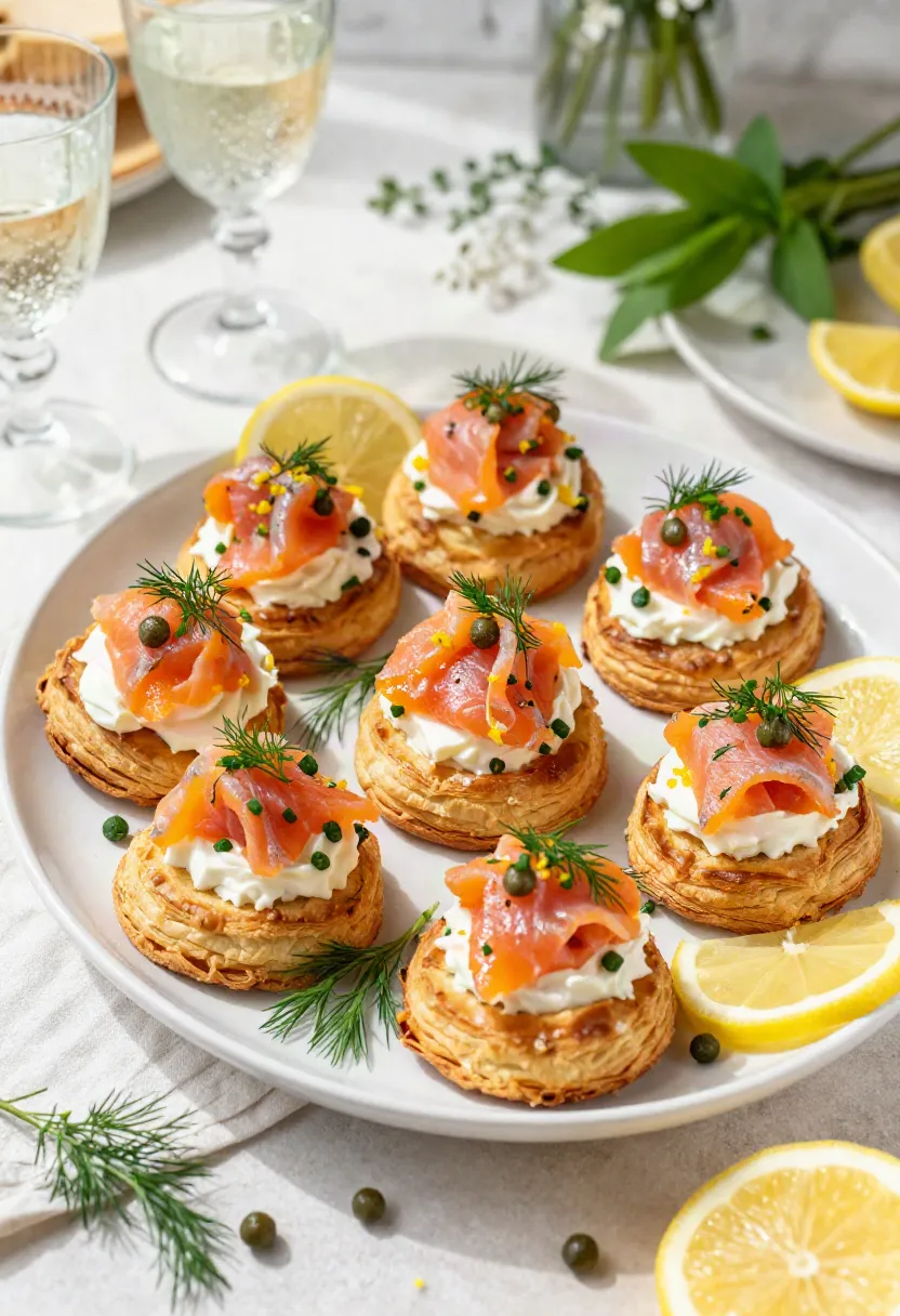 Plate of smoked-salmon puff pastry bites topped with cream cheese, dill, capers, and lemon wedges