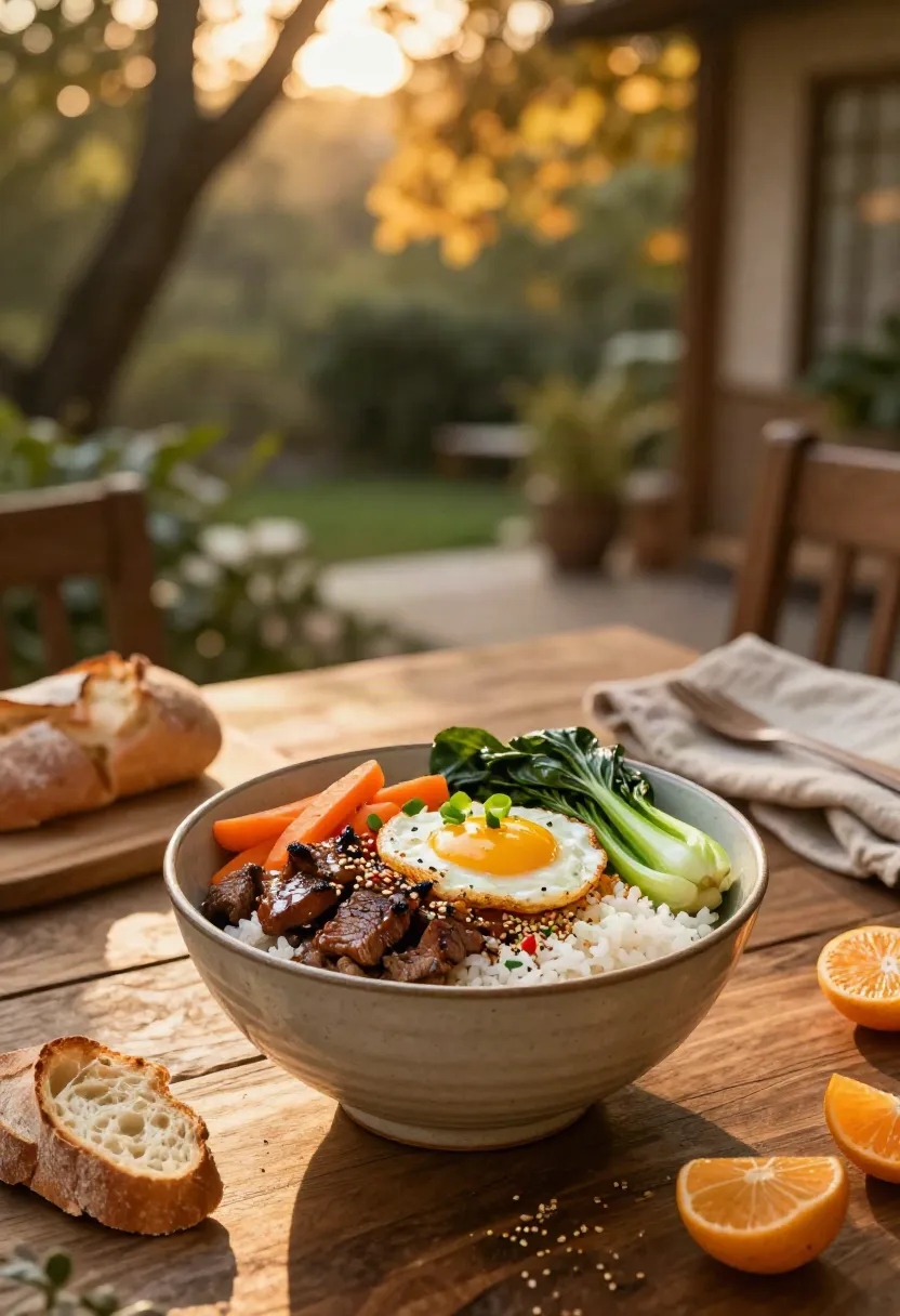 Bowl of rice topped with beef, a fried egg, greens, and carrot sticks on a rustic wooden table outdoors, with bread and orange slices nearby.