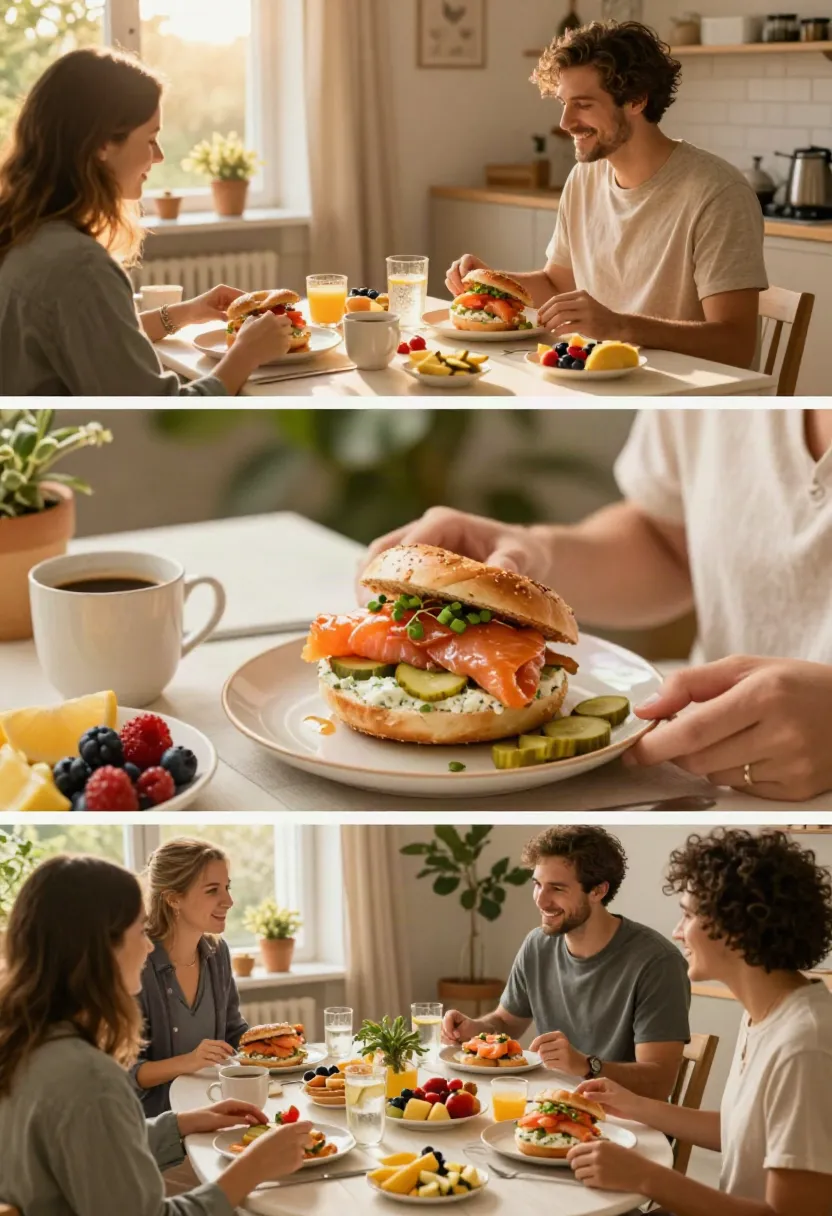 Person enjoying a maple-glazed salmon bagel on a sunny morning terrace with coffee, lemon, fresh herbs, and a relaxed breakfast setting.