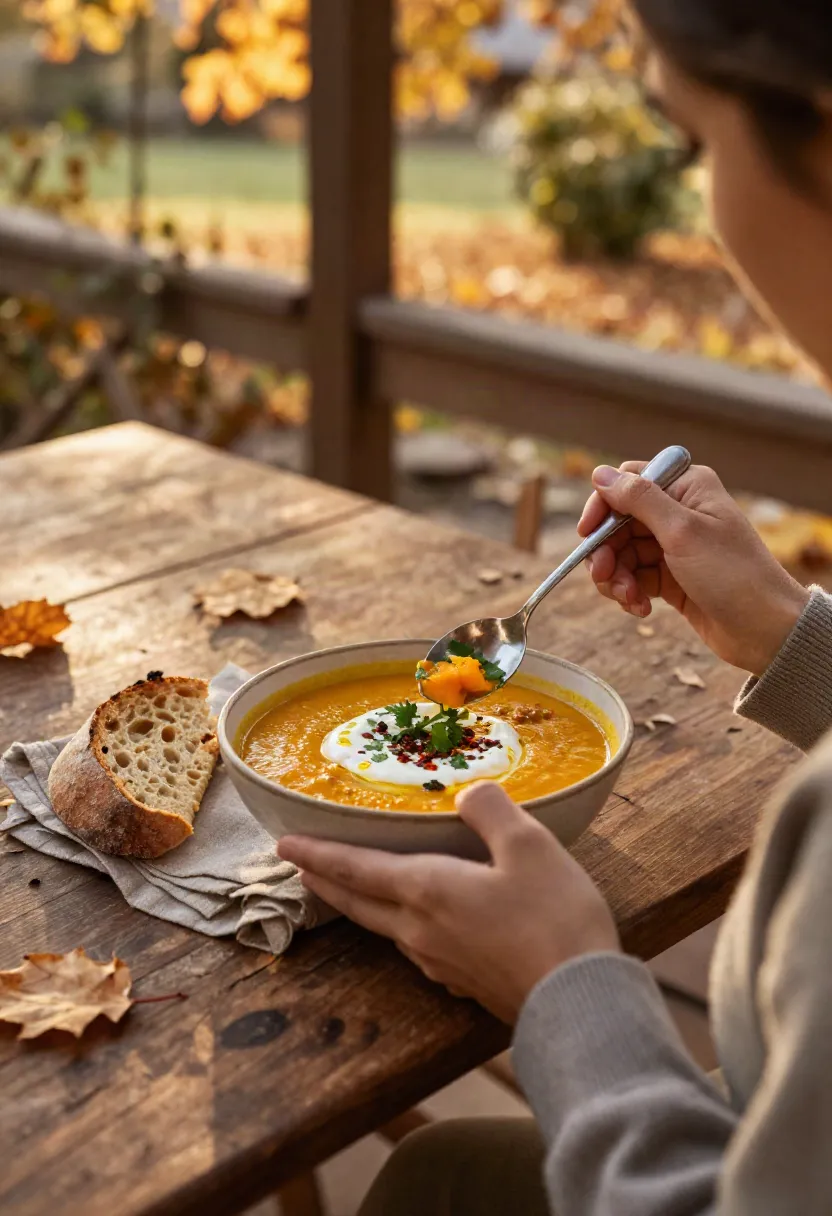 Person enjoying a warm bowl of roasted pumpkin, lentil and cumin soup in a peaceful autumn setting