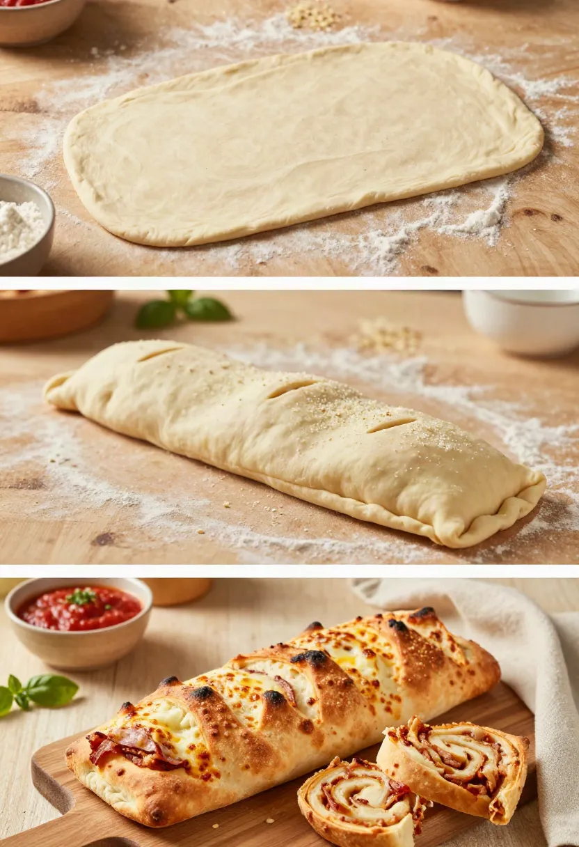 Three-part collage showing stromboli ingredients layered on pizza dough, the assembled loaf ready for baking, and the finished golden stromboli sliced and served with marinara.