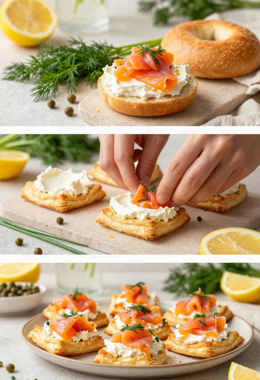 Three-part collage showing puff pastry squares being prepared, baked until golden, and topped with cream cheese, smoked salmon, and fresh herbs.