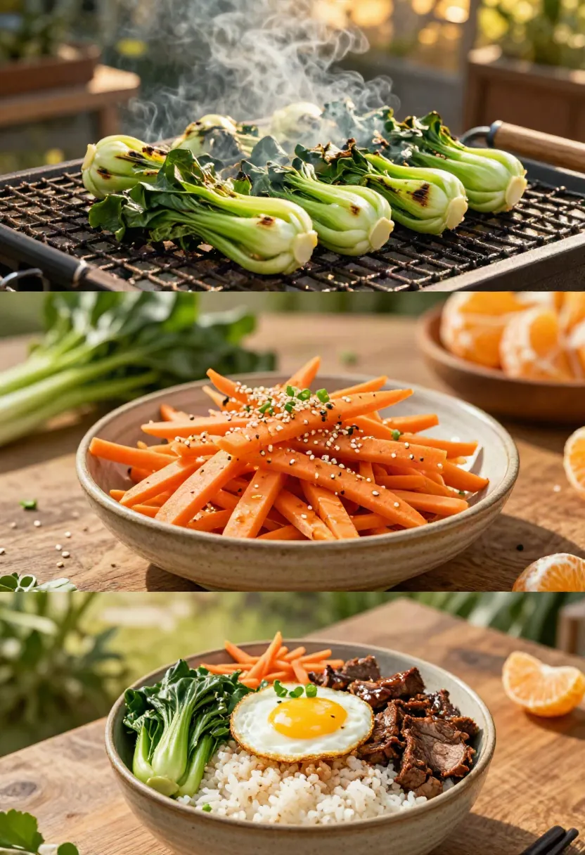 Collage of three dishes: grilled bok choy on a barbecue, carrot sticks with sesame seeds in a bowl, and a rice bowl with greens, beef, and a fried egg.