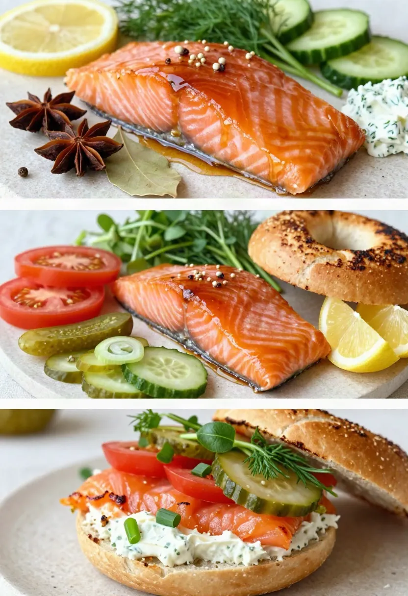 Close-up of a toasted bagel layered with creamy dill cream cheese, glossy maple-glazed salmon, crisp pickled cucumber, and fresh herbs.