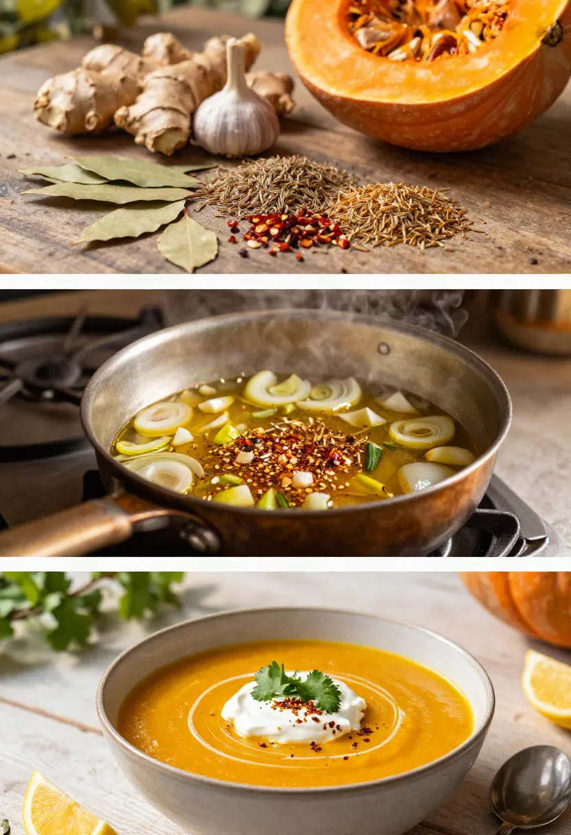 Cumin, coriander, ginger and chili spices added to the soup base