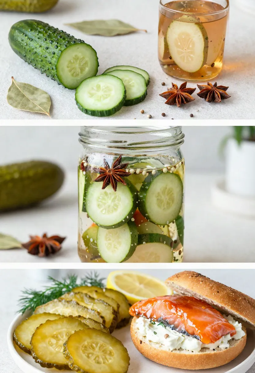 Three-part collage showing maple-glazed salmon bagel ingredients, pickled cucumber in golden brine, and a finished bagel layered with salmon and cream cheese.