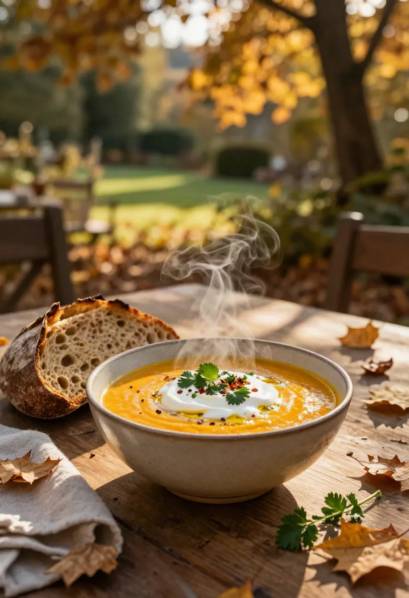 Silky golden-orange lentil, cumin and pumpkin soup served with Greek yogurt and coriander