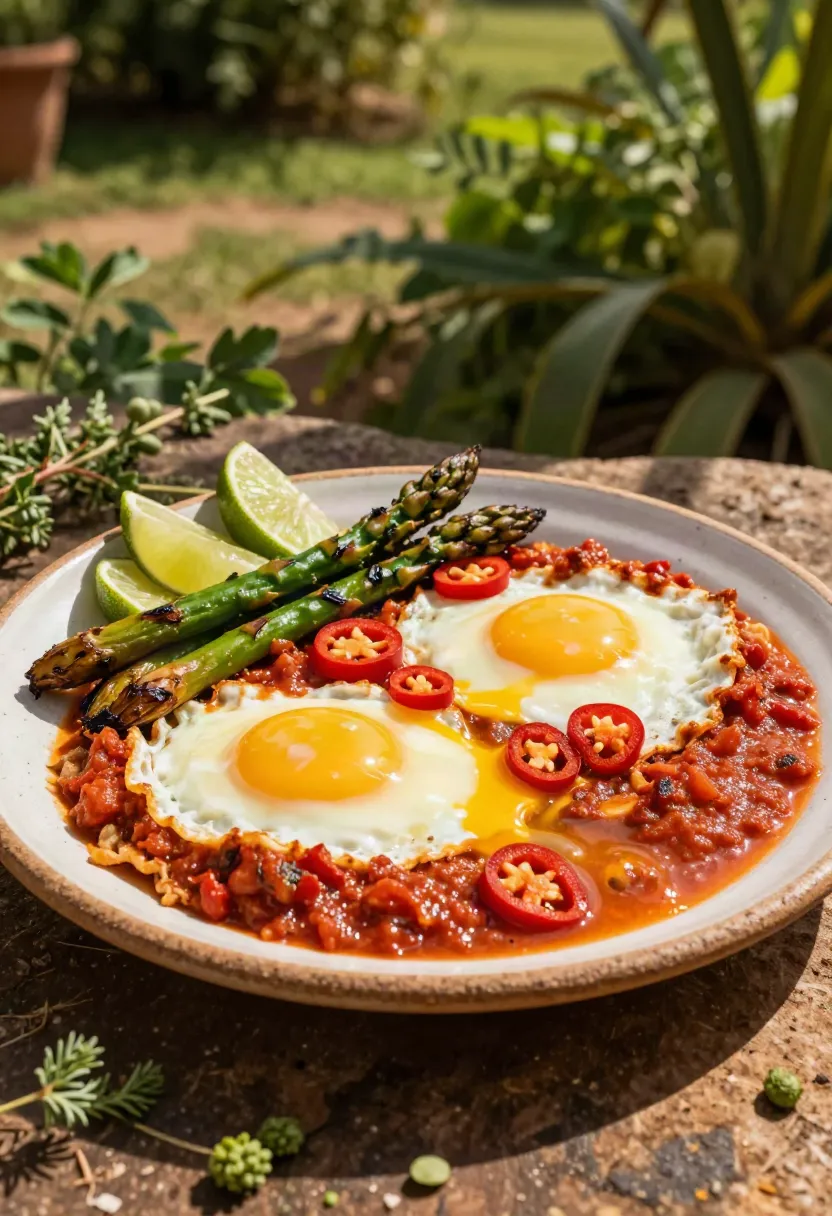 Close-up of roasted chilli asparagus with tender centers and browned edges