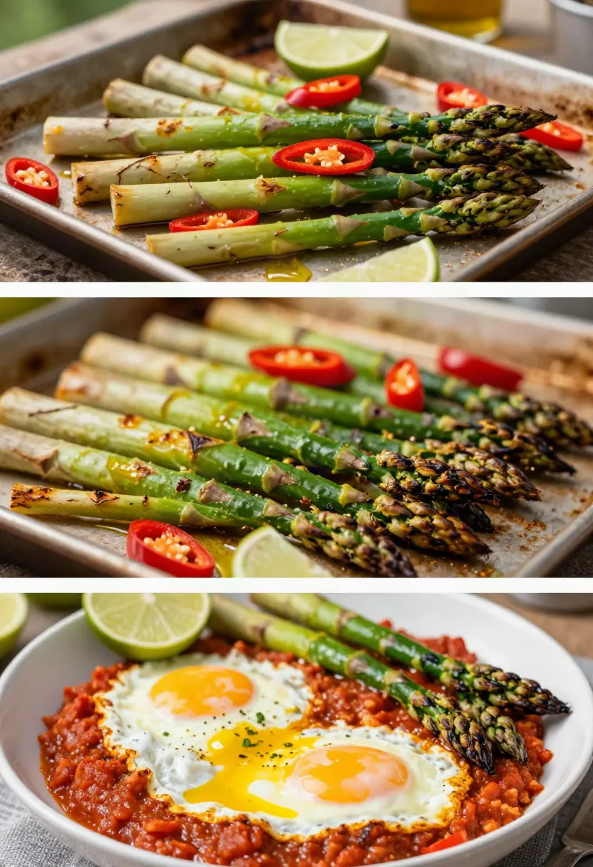 Roasted asparagus with lightly charred edges and fresh chilli