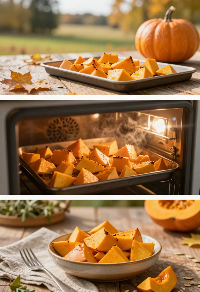 Autumn collage showing cubed roasted pumpkin on a baking tray outdoors, with a pumpkin and fallen leaves in the background.