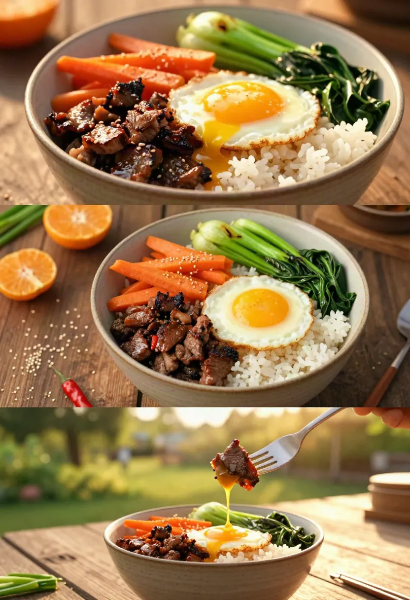 Korean beef rice bowl served in a warm outdoor setting with colorful fresh toppings