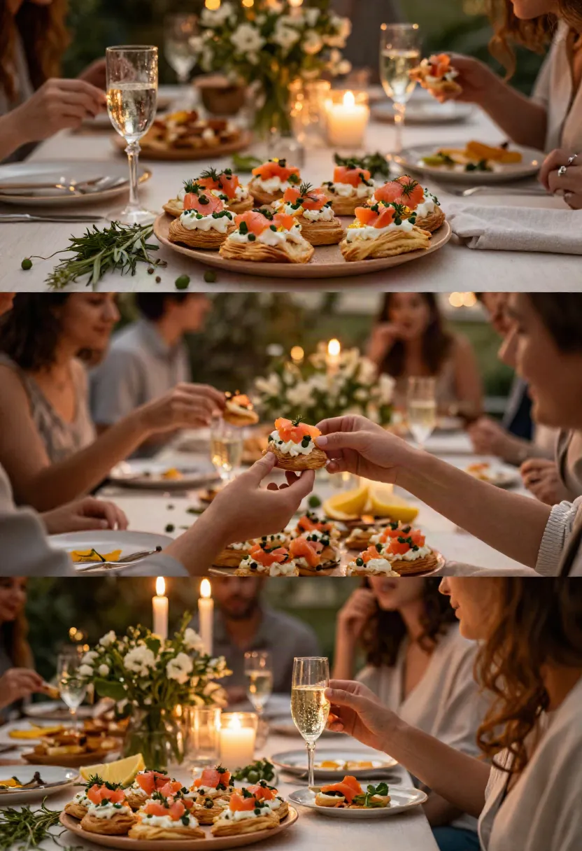 Guests enjoying smoked salmon and cream cheese puff pastry bites at an atmospheric evening gathering with warm candlelight and elegant table setting.