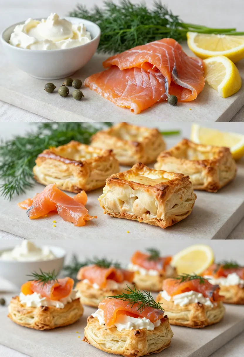 Close-up of flaky golden puff pastry squares topped with creamy cheese, silky smoked salmon, fresh dill, and capers.