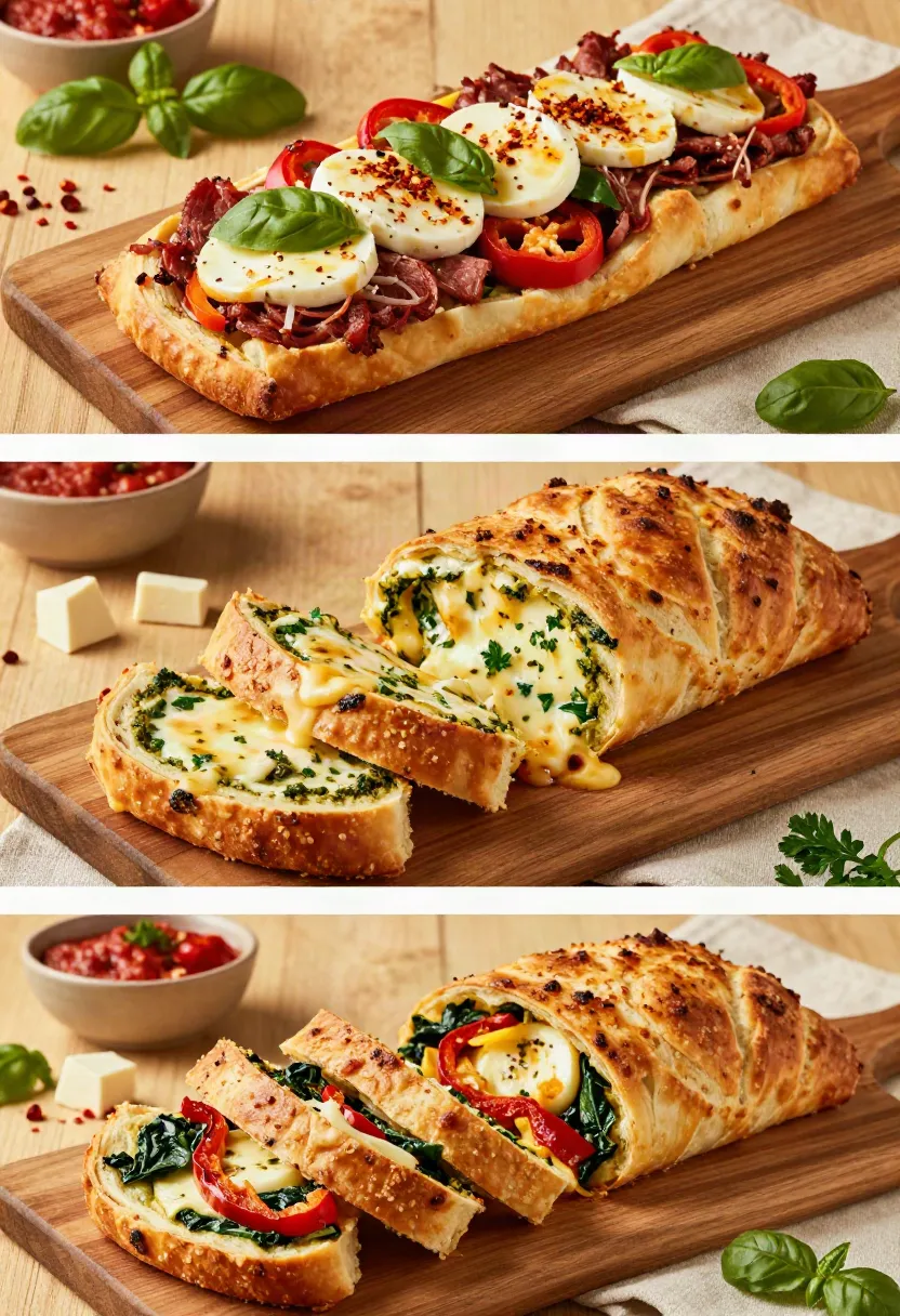 Freshly baked golden stromboli resting before slicing, with crisp crust, Parmesan topping, diagonal vents, and melted cheese visible inside.