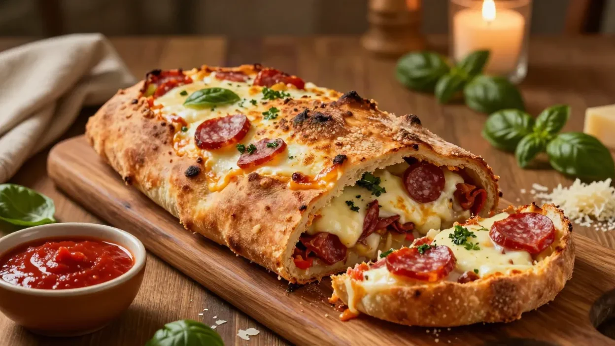Homemade stromboli with golden crust, Italian deli meats, melted mozzarella, provolone, and fresh basil served with marinara sauce.