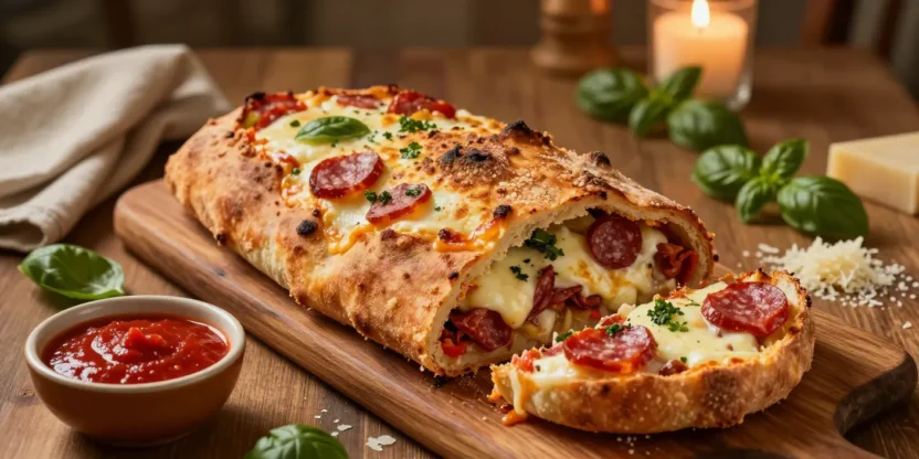 Homemade stromboli with golden crust, Italian deli meats, melted mozzarella, provolone, and fresh basil served with marinara sauce.