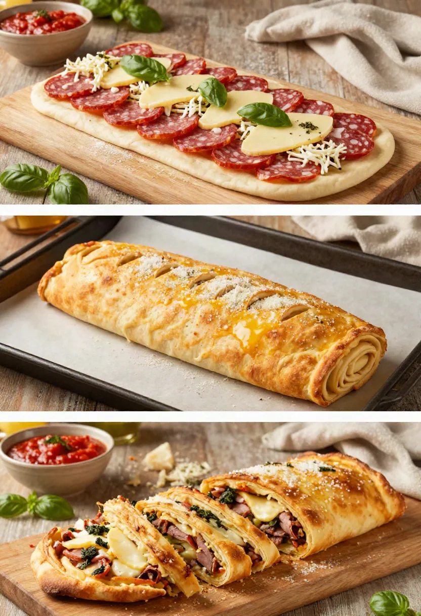 Close-up of freshly baked stromboli showing layers of melted cheese, pepperoni, salami, soppressata, and fresh basil inside a golden crust.