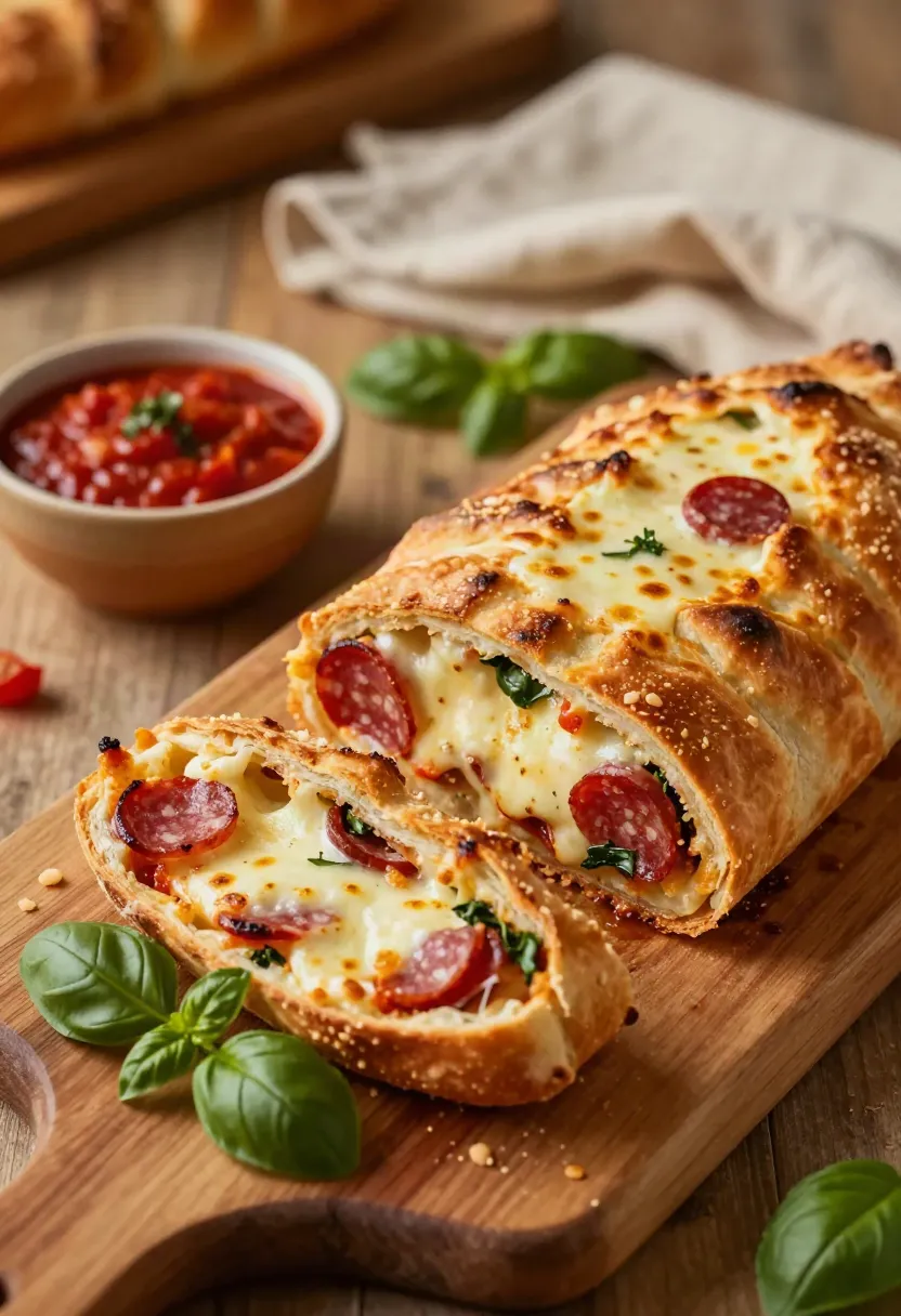 Sliced cheesy pepperoni-stuffed bread on a wooden board with a side of marinara sauce and basil garnish