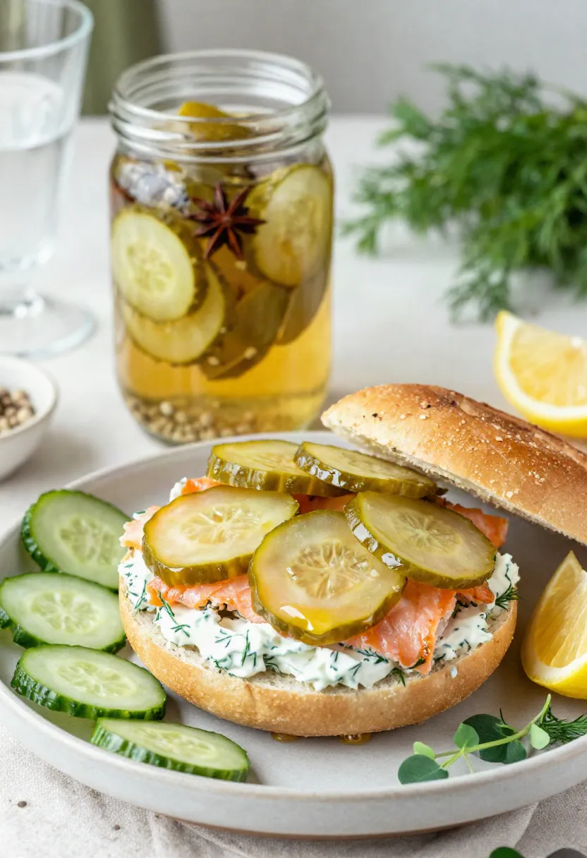 Smoked salmon sandwich on a bun with dill cream cheese, cucumber slices, and pickles, served with lemon wedges on the plate.